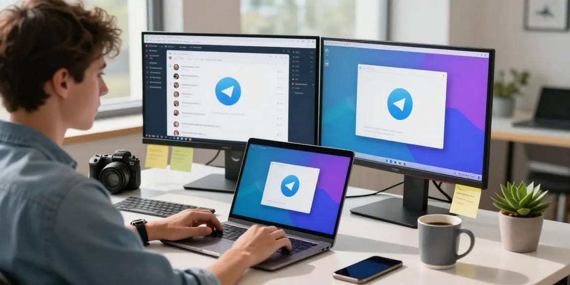 User accessing Telegram Web Version on a laptop in a modern workspace, showcasing productivity.