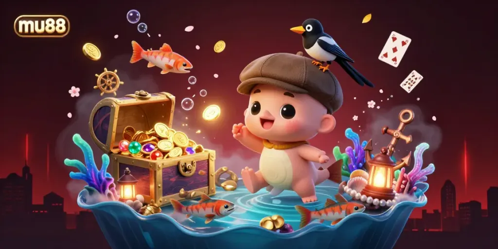 Experience gaming excitement at mu88 with a lively underwater scene featuring Nessie and whimsical elements.