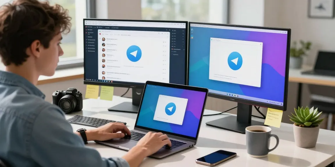 User accessing Telegram Web Version on a laptop in a modern workspace, showcasing productivity.