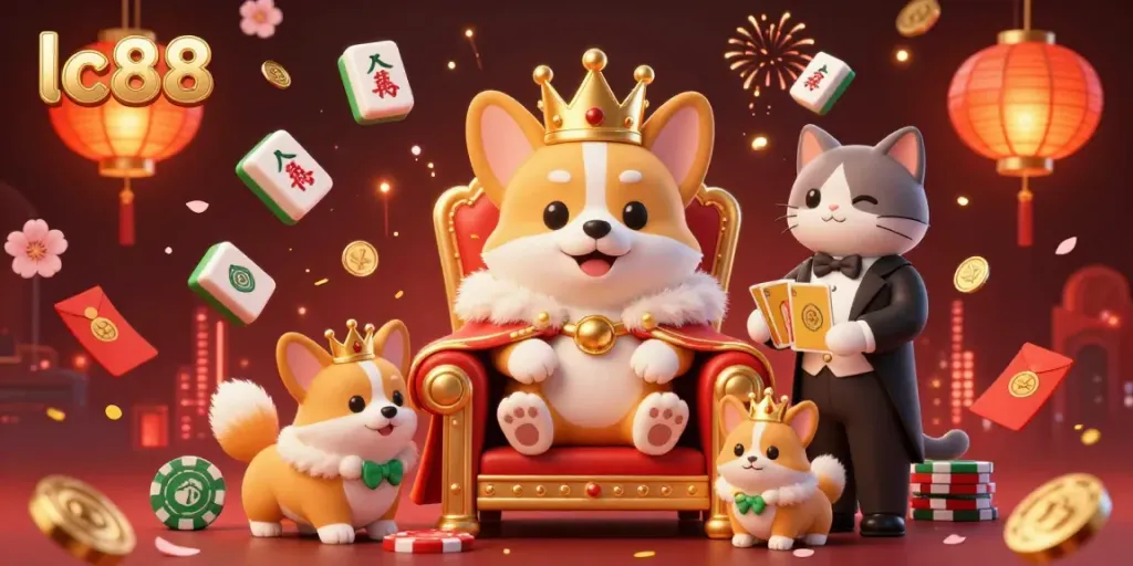Experience the excitement of lc88's royal casino scene with a charming corgi on a poker chip throne.