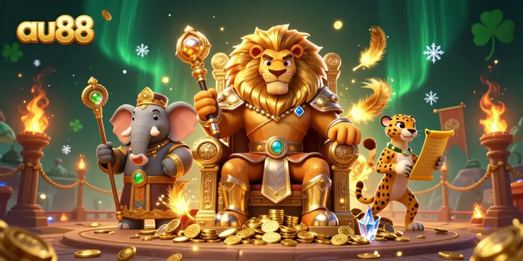 Engage with the vibrant au88 casino scene featuring a lion king, elephant advisor, and cheetah messenger amidst golden coins.