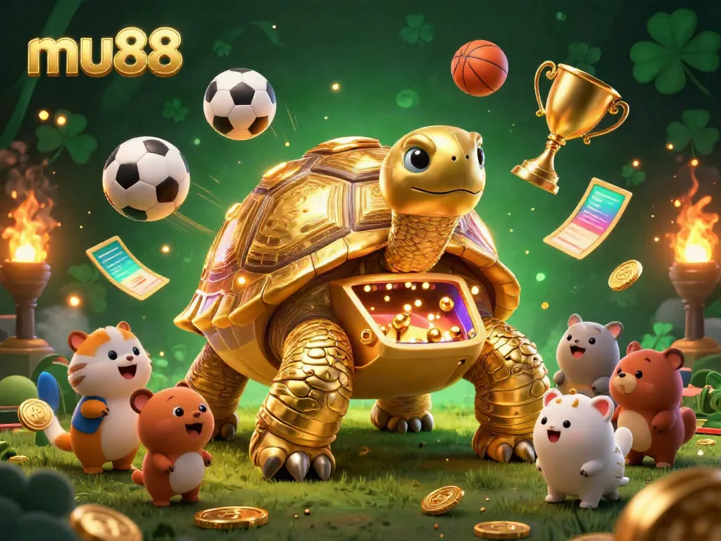 Experience the dynamic excitement of mu88 with a golden tortoise pinball machine and vibrant sports elements.