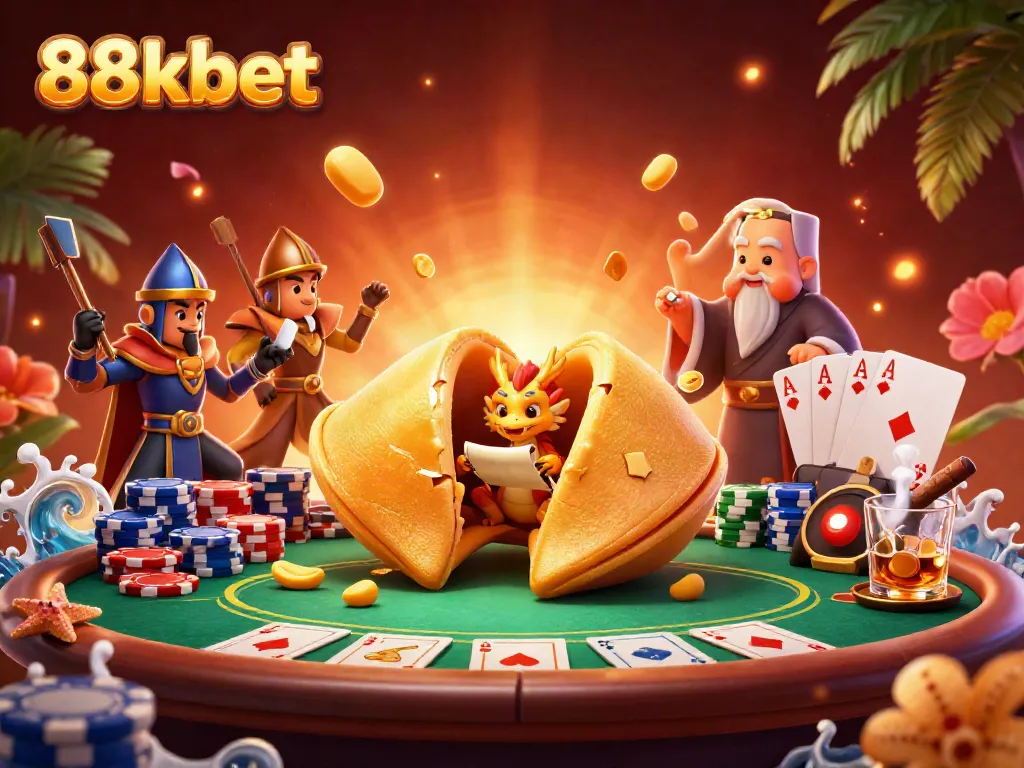 Experience 88kbet's dynamic gaming scene with a golden fortune cookie and poker excitement.