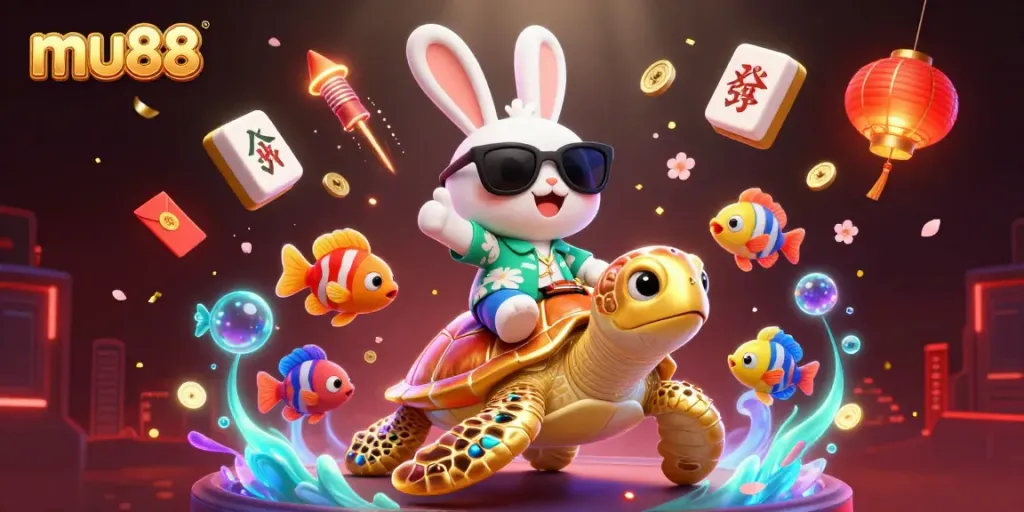 Experience the thrilling gaming world of mu88 with a lucky rabbit and golden turtle in a vibrant casino scene.