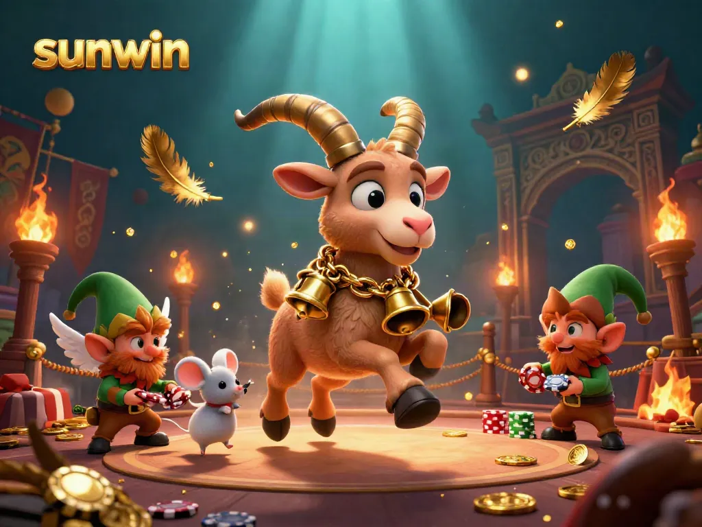 Experience the thrilling casino ambiance of sunwin, where playful characters engage in a lively gaming scene with gold coins and vibrant effects.