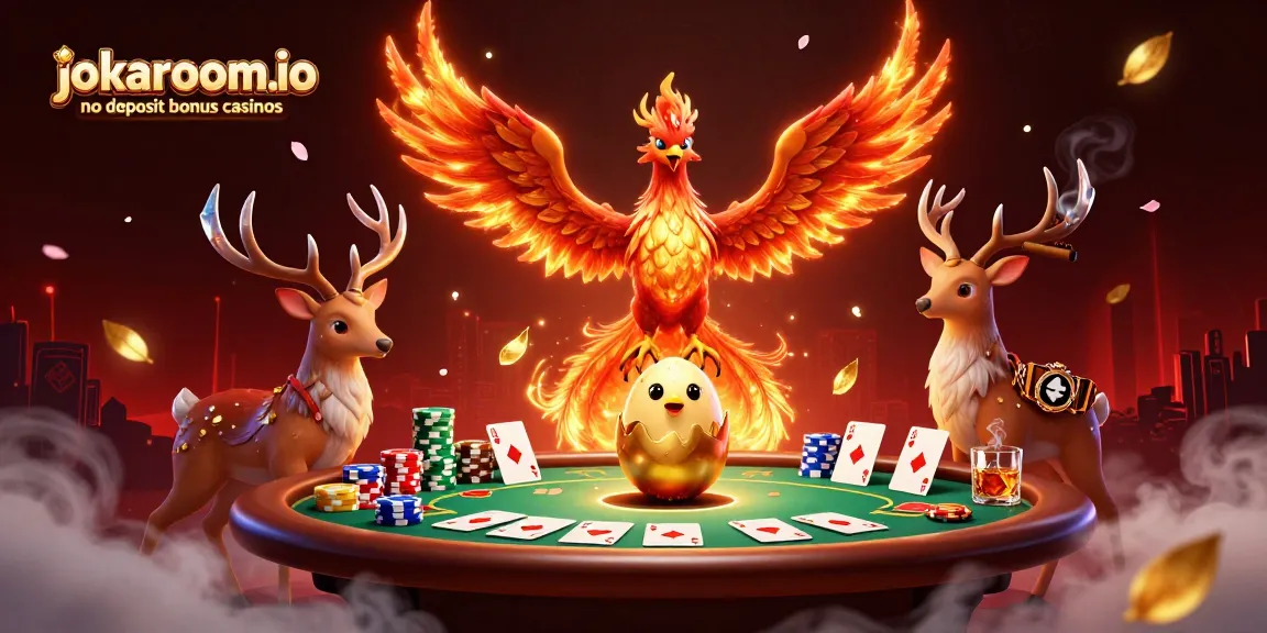 Experience the thrill of jokaroom.io no deposit bonus casinos in a vibrant 3D phoenix scene.