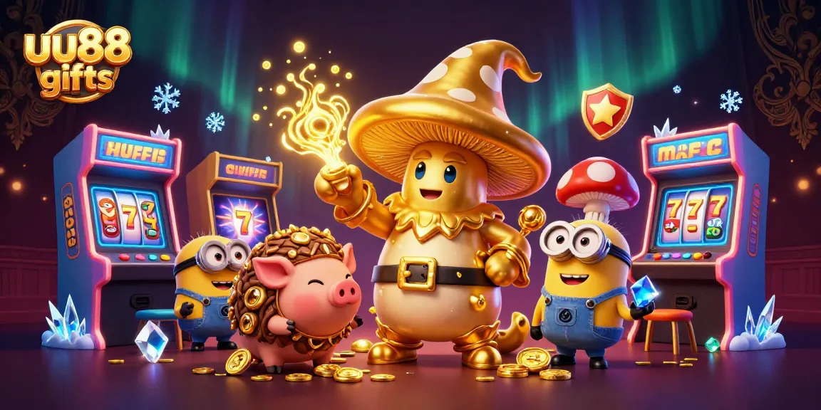 Experience the magic of uu88 gifts with a dynamic casino-themed 3D illustration showcasing treasure and games.