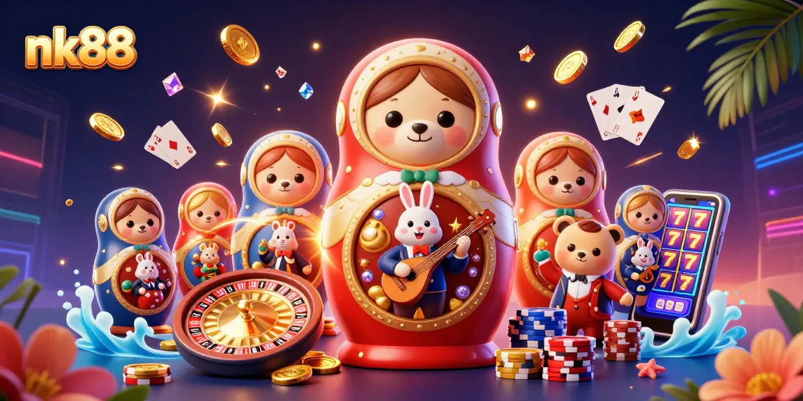 Experience nk88's vibrant casino atmosphere with colorful characters and dynamic gaming elements.